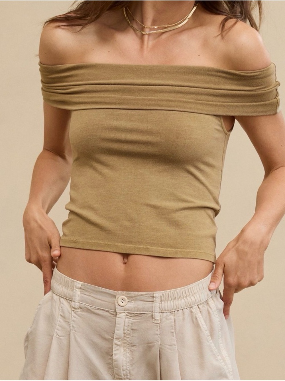 Aerie Chill Womens L Beige Up Off The Shoulder Tank Top Cotton Modal Stretch NEW